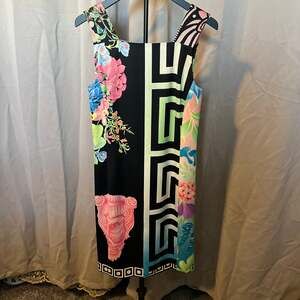 Vintage 1990s Gianni Versace Couture Tropical Floral & Greek Sateen Mini Dress